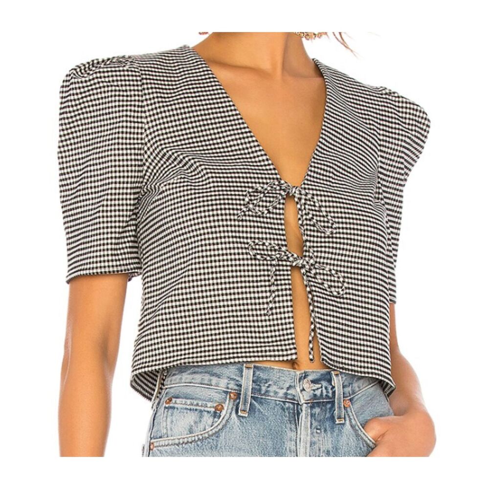 Lovers + Friends Liam Gingham Tie Front Crop Top Black White Size Small